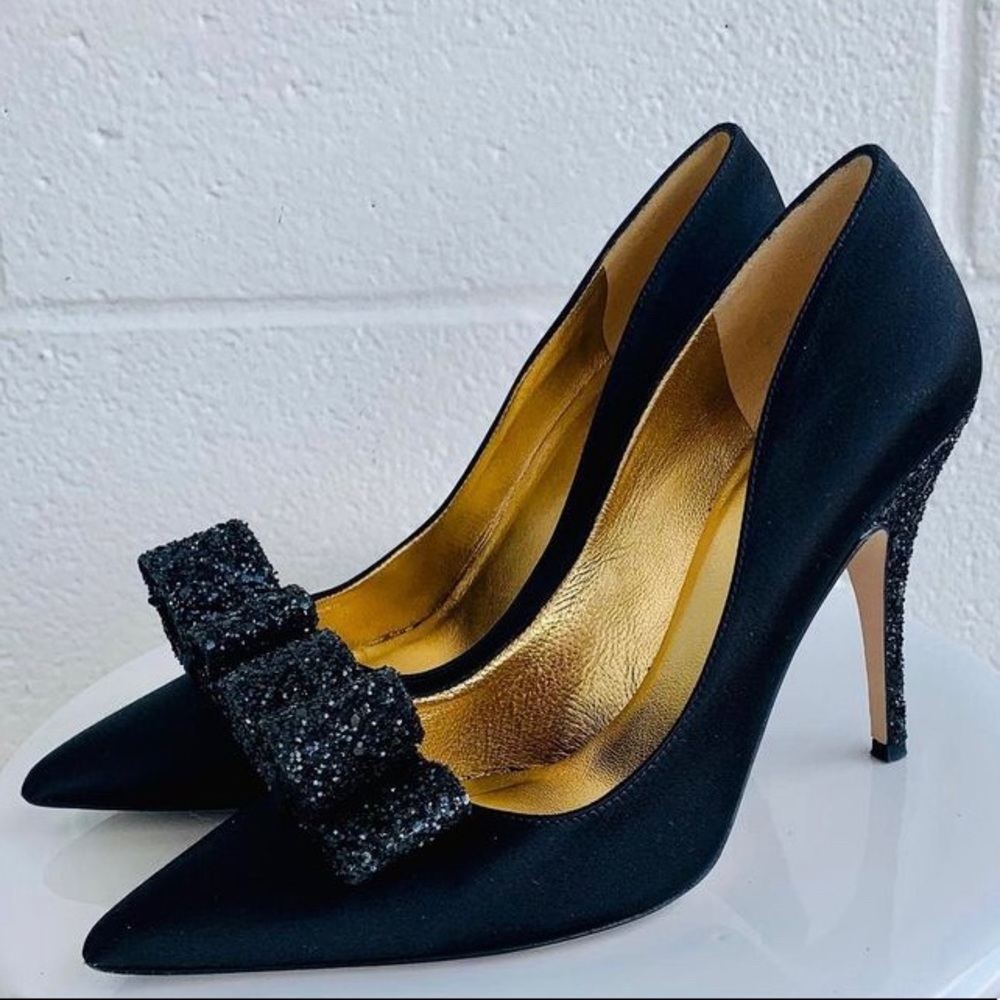 KATE SPADE Black Satin Pump w/ black glitter bow & glitter heel 

Size 9